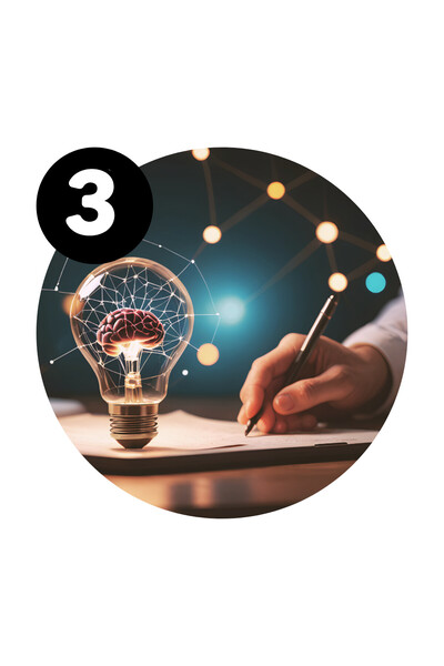 brain in lightbulb taking notes